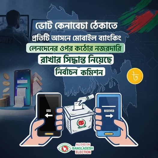 ভোট কেনাবেচা ঠেকাতে প্রতিটি আসনে মোবাইল ব্যাংকিং লেনদেনের ওপর কঠোর ভোট কেনাবেচা ঠেকাতে প্রতিটি আসনে মোবাইল ব্যাংকিং লেনদেনের ওপর কঠোর